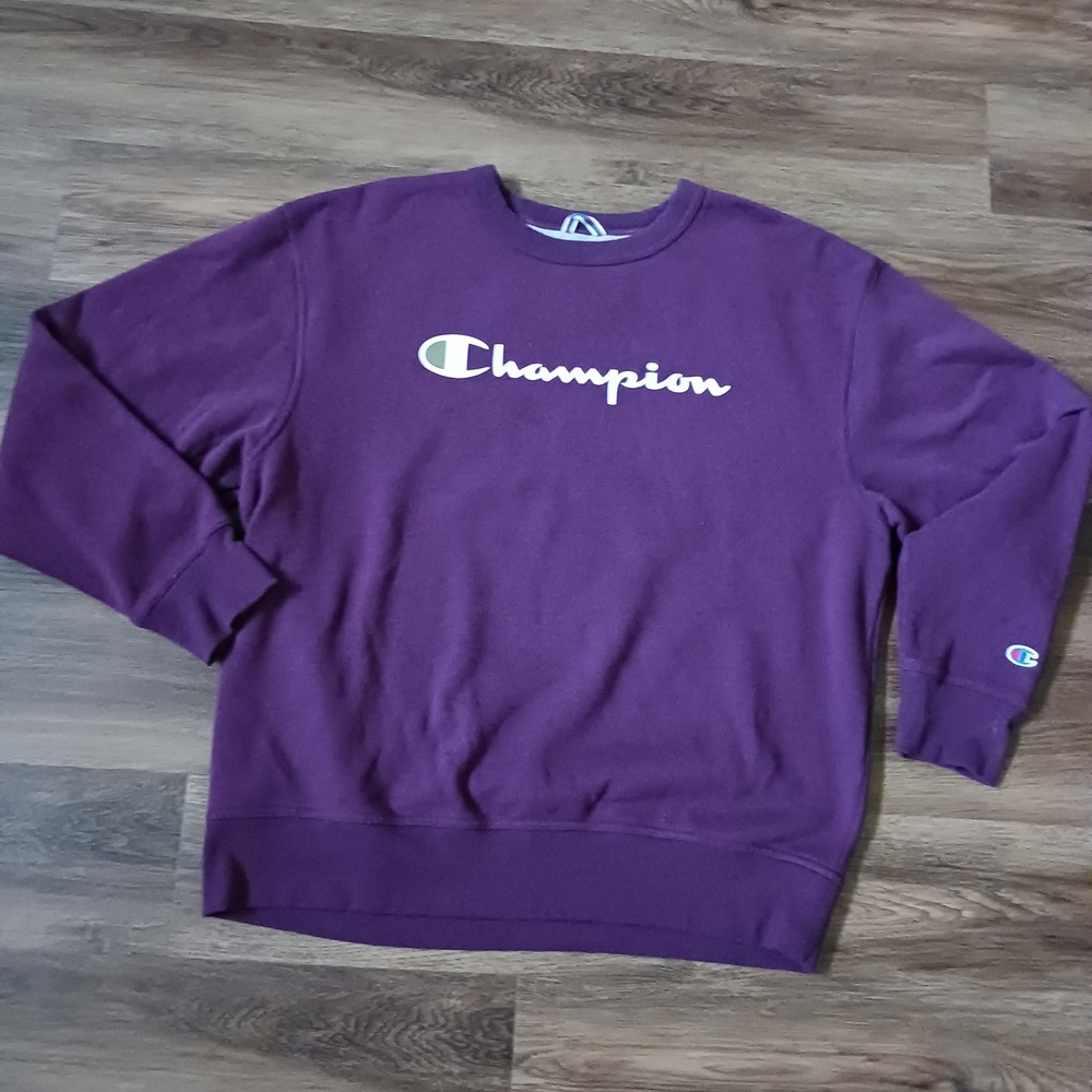 Champion Mens Purple Script Logo Crewneck Sweatshirt Large Authentic Athletic